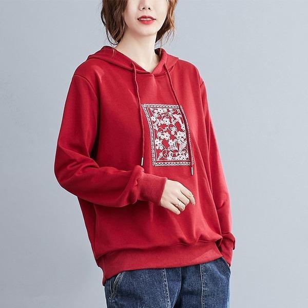 Women Casual Hoodies New  Vintage Floral Embroidery Loose Female Cotton Hooded Sweatshirt - Omychic