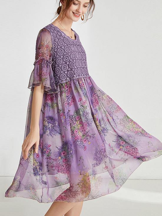 Bohemian Blue Print Chiffon Patchwork Summer Dress