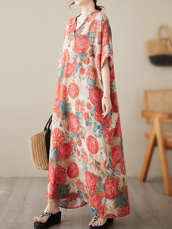 Floral Printed V-Neck Maxi Dress Short Sleeve