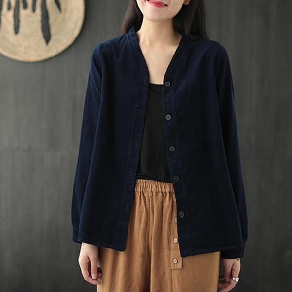 V-neck Single Breasted Long Sleeve Corduroy Coats Simple Comfortable All-match Women Coat - Omychic