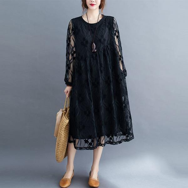 Oversized Women Casual Lace Dresses Style Solid Color Loose Comfortable Ladies Elegant Long Dress - Omychic