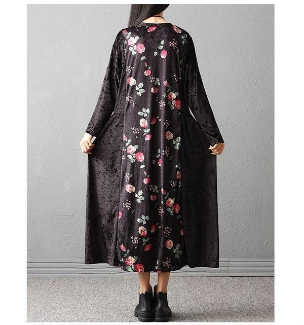 long sleeve plus size velvet vintage floral for women casual loose autumn winter dress - Omychic