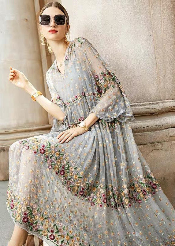Boutique Grey V Neck Embroidered Tulle Dresses Two Pieces Set - Omychic