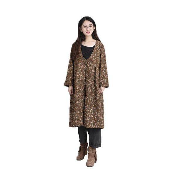 Winter Fashion V-neck Floral Print Cotton Linen Long Coat  Casual Women Outerwear - Omychic