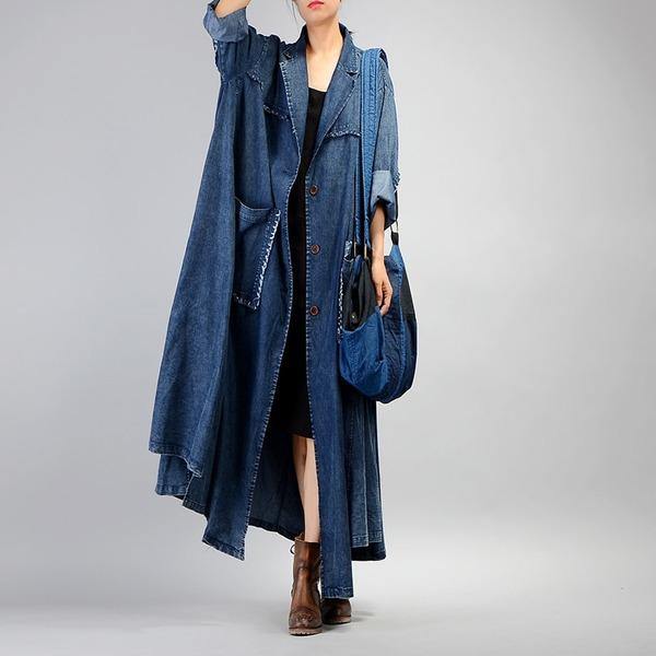 Women Trench Coat 2020 Fall Winter New Pockets Long Sleeve Blue Plus Size Trench - Omychic