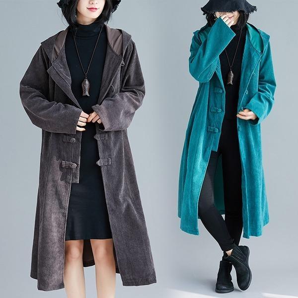 corduroy plus size solid vintage hooded casual loose long autumn winter trench coat - Omychic