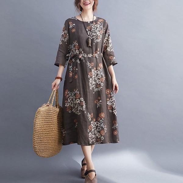 Vintage Floral Print Loose Comfortable Female Casual Dresses - Omychic