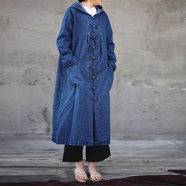 2020 Spring Women Solid Color Denim Trench CoatsLoose Hooded Collar Patchwork Long Coats - Omychic