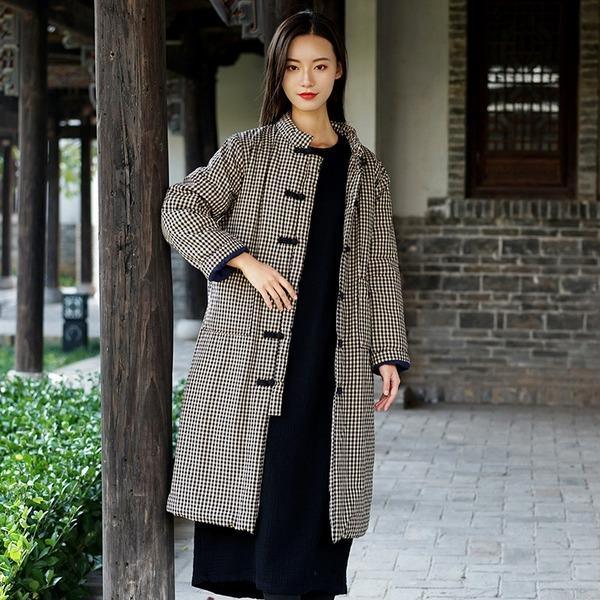 2020 Winter Stand Button Long Sleeve Chinese Style Thick Women Cloths Cotton Linen Parkas - Omychic