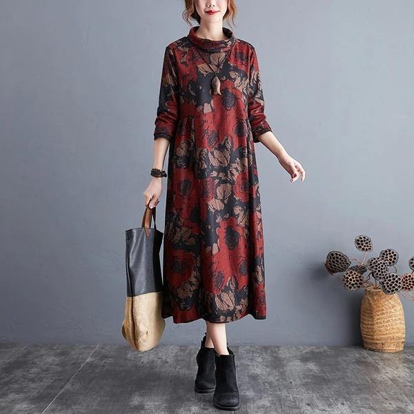 long sleeve plus size cotton wool vintage floral for women casual loose autumn winter dress - Omychic