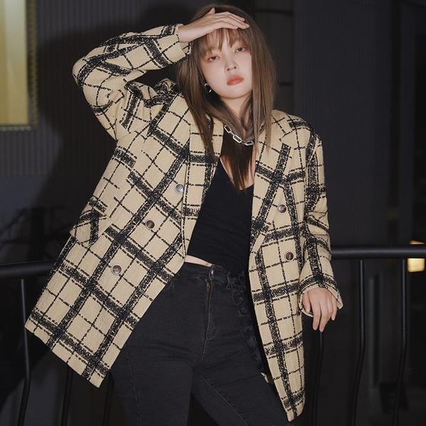 England Plaid Blazer Casual Women Winter The  Fashion Vintage Loose Notched Contrast Color Street Trendy - Omychic