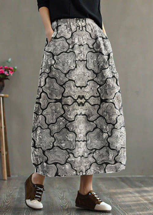 Women Grey-floral Elastic Waist Patchwork Print Fine Cotton Filled Skirt Winter