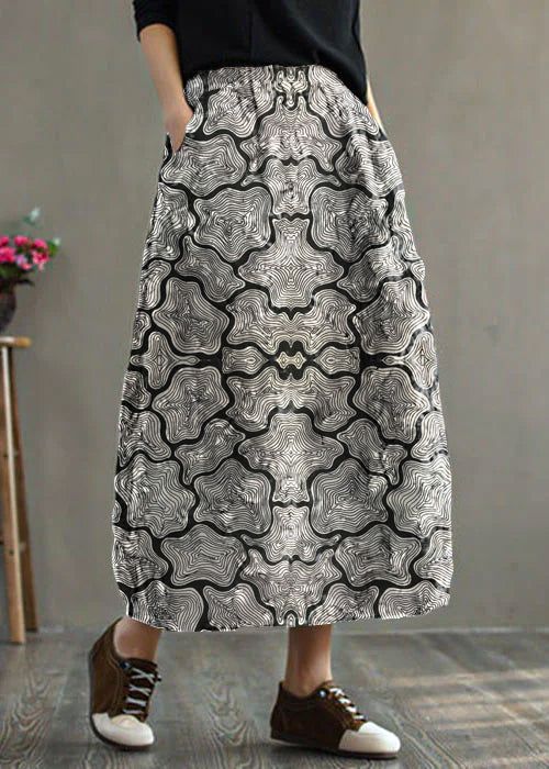 Women Geometry Elastic Waist Patchwork Print Fine Cotton Filled Skirt Winter