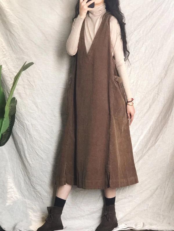 Solid Color Corduroy Hooded Dress Ladies Vintage Tank Dress Female V Neck Vintage Dresses - Omychic