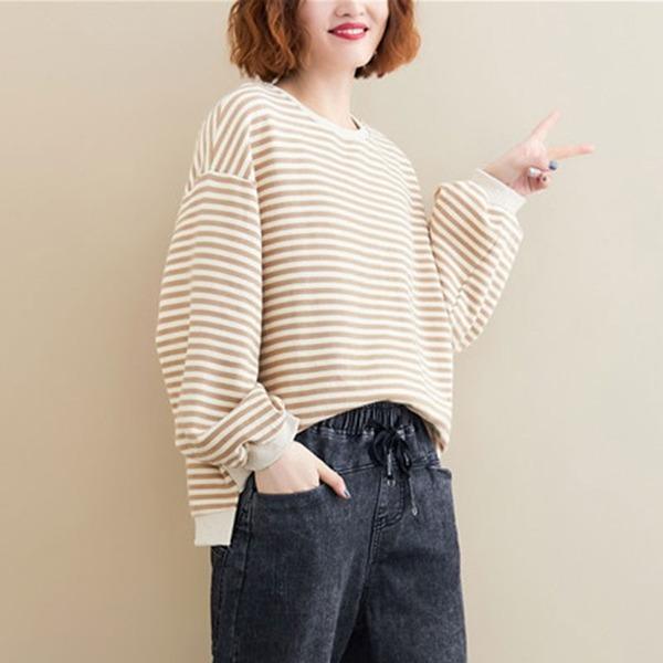 Women Autumn Long Sleeve Cotton Sweatshirt  Striped Female Loose Casual Pullovers Hoodies - Omychic