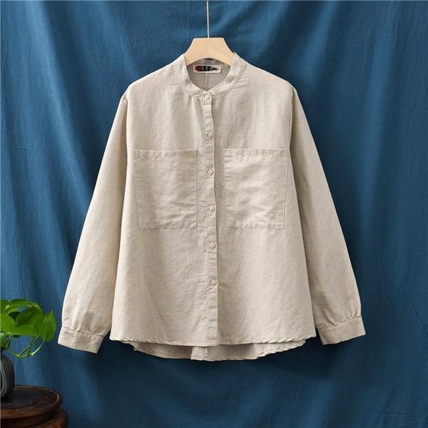 Women Autumn Cotton Linen Blouse Tops Ladies Loose Vintage Shirt - Omychic