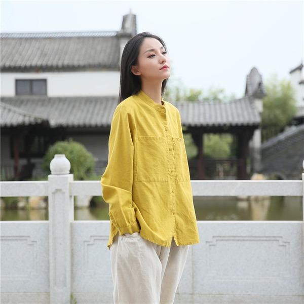 Women Autumn Cotton Linen Blouse Tops Ladies Loose Vintage Shirt - Omychic