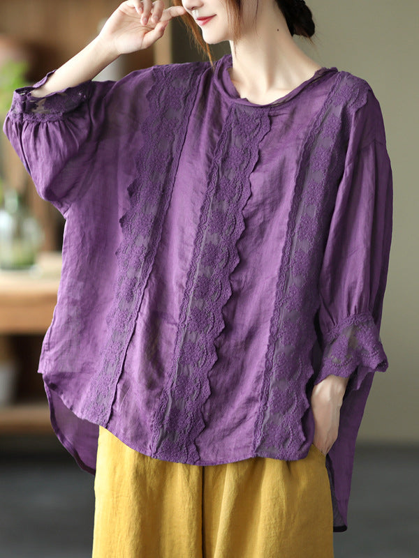 Casual Loose Long Sleeves Split-Joint Solid Color Round-Neck T-Shirts Tops