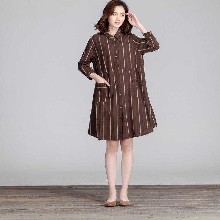 Cotton Women Splicing Casual Linen Loose Stripe Pocket Dress - Omychic