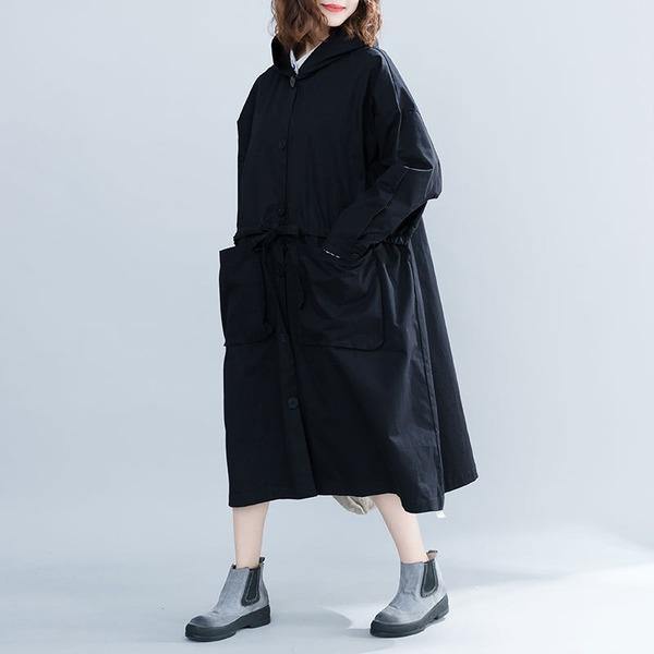 Black Casual Trench For Women Bandage Coats Hooded Button Pockets Loose Women Cloths - Omychic