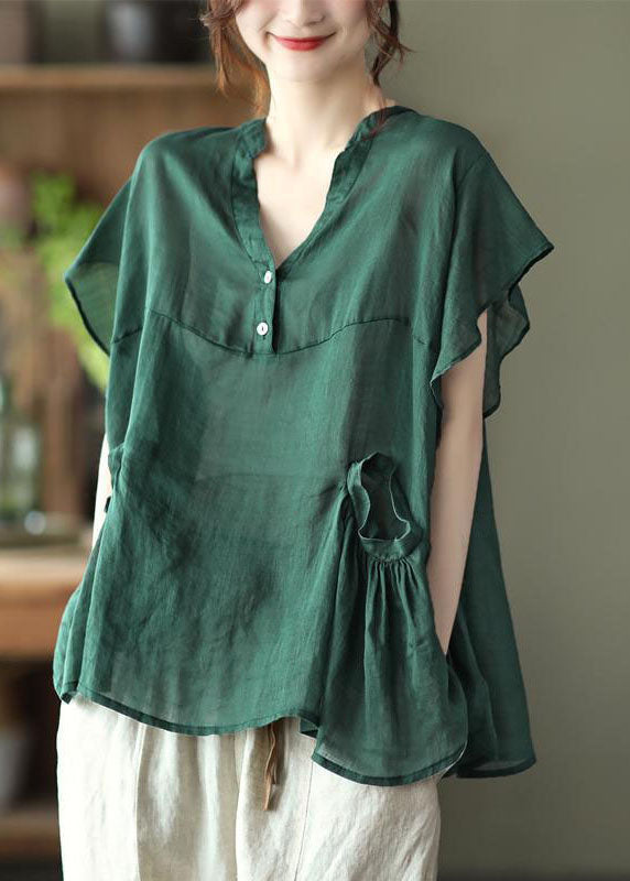 Elegant Green V Neck Button Fall Short Sleeve Blouse Top