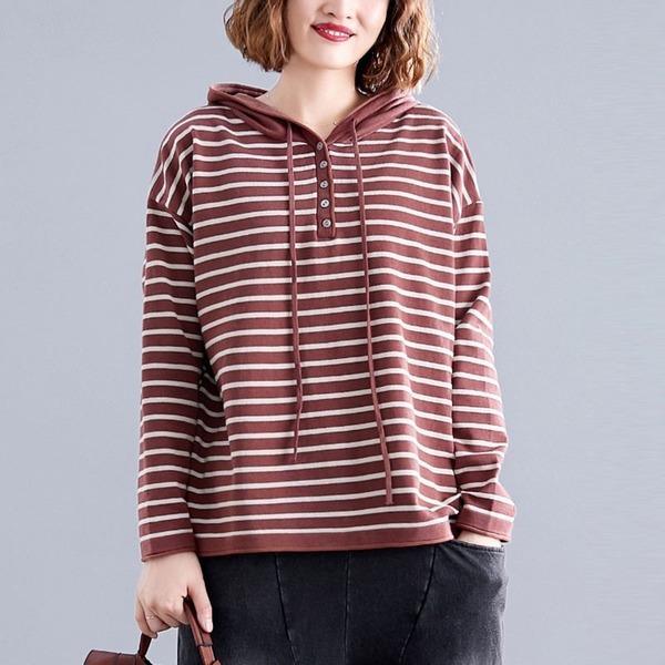 2020 Simple Style Striped Loose Comfortable Female Long Sleeve Hooded Sweatshirt - Omychic