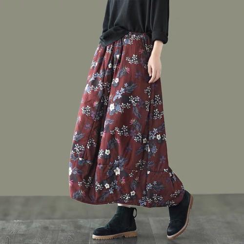 Women Loose Autumn Winter Padded Skirts Ladies Printed Cotton Linen Print Elastic Waist Skirts Female Vintage Skirt 2020 - Omychic