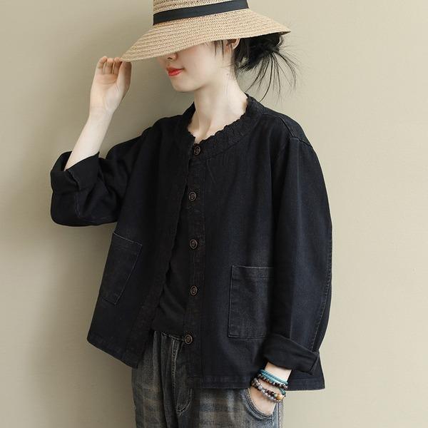 Retro Embroidery O-neck Pockets Single Breasted Long Sleeve Denim Coats - Omychic