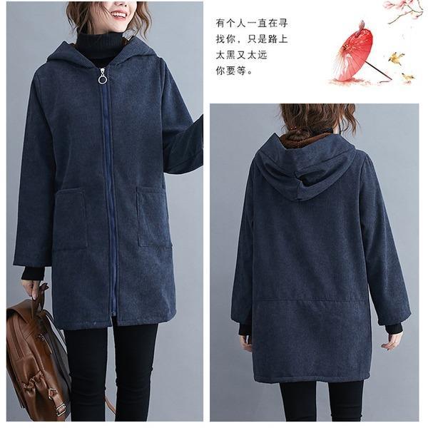 plus size hooded corduroy vintage casual loose autumn winter jacket clothes women Coat - Omychic