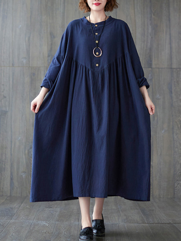 Pleated Solid Color Loose Stand Collar Midi Dress