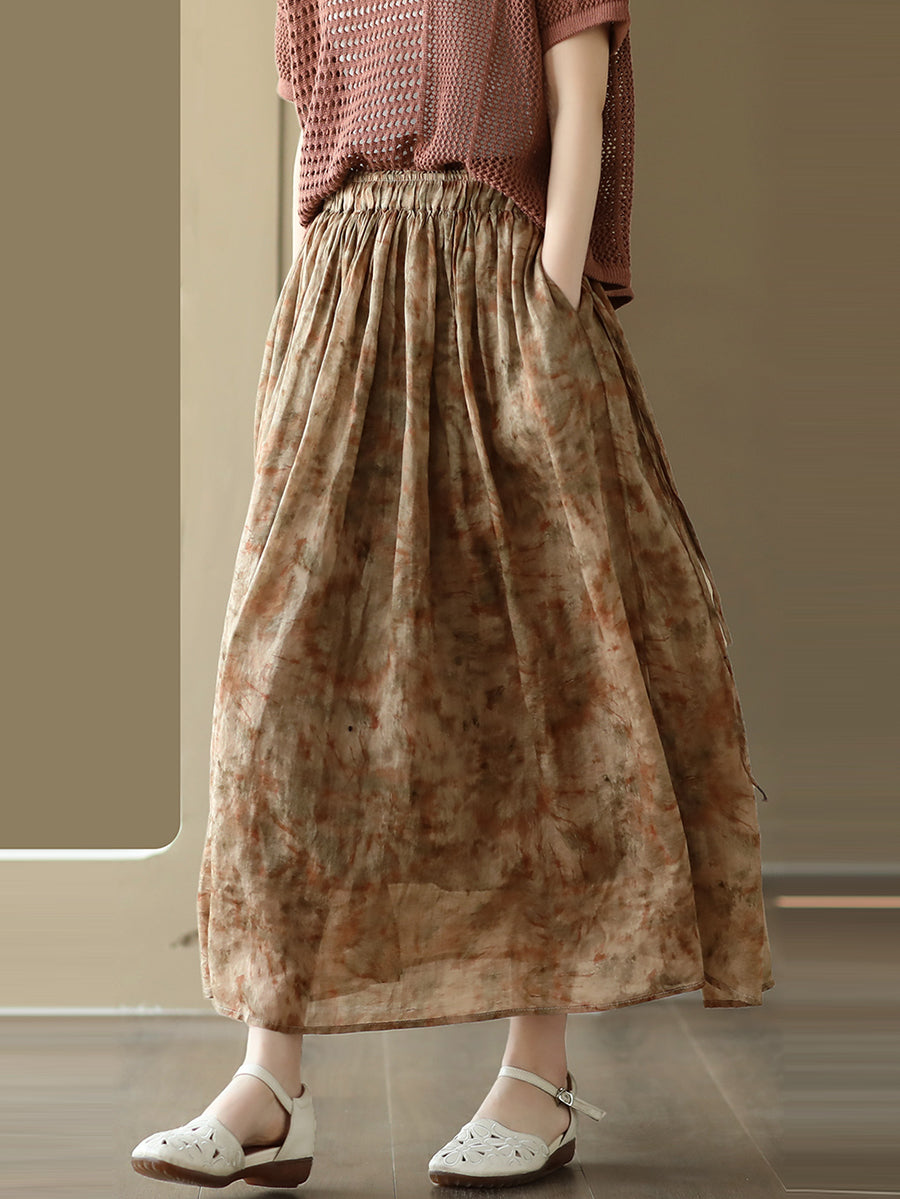 Casual Summer Artsy Floral Drawstring Loose Ramie Skirt