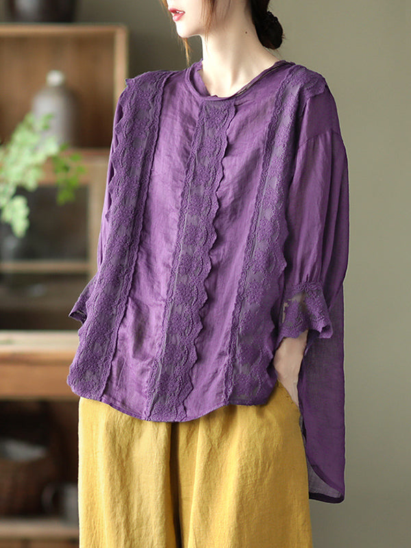 Casual Loose Long Sleeves Split-Joint Solid Color Round-Neck T-Shirts Tops
