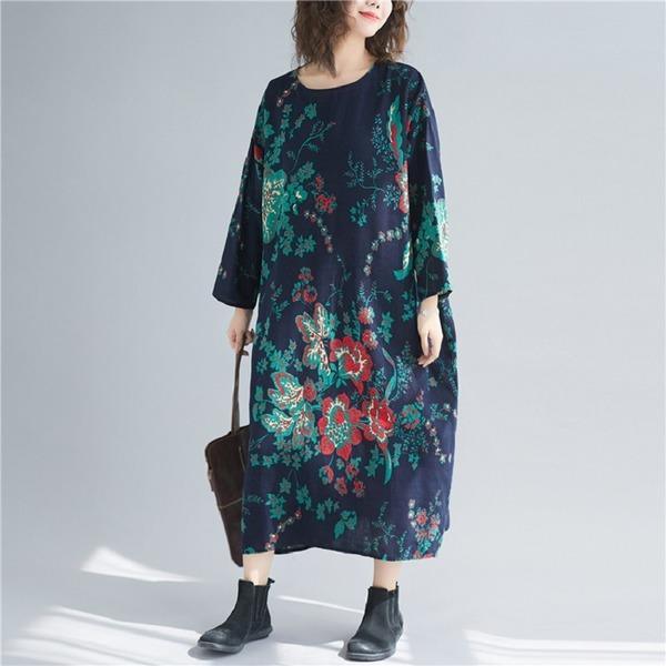 long sleeve cotton linen plus size Oversized vintage floral women casual loose autumn elegant dress clothes - Omychic