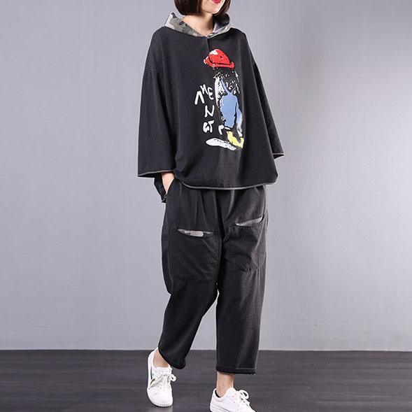 fall black cotton prints two pieces hooded blouse and big pockets pants - Omychic
