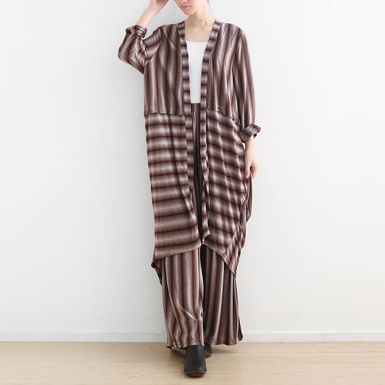 fall new cotton striped two pieces red patchwork shirt dress with women straight pants - Omychic