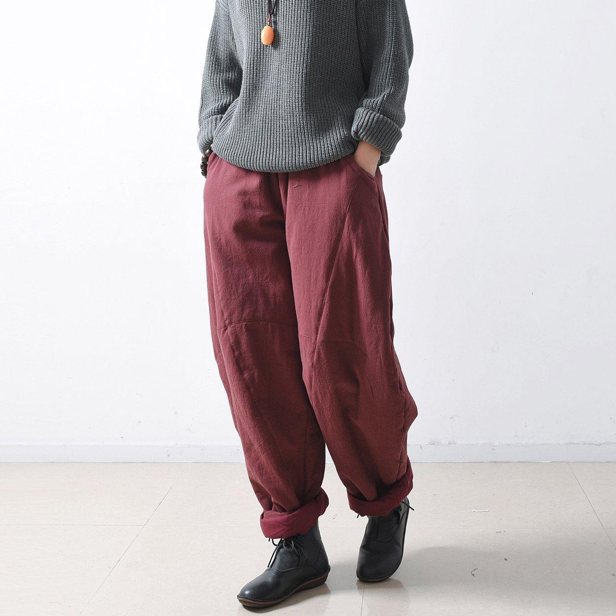 fall new linen vintage pants plus size loose thick wide leg pants - Omychic