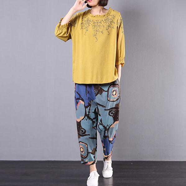 fall women casual yellow embroidery long sleeve blouse with harem pants two pieces - Omychic
