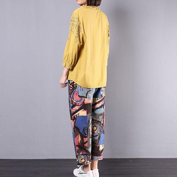 fall women casual yellow embroidery long sleeve blouse with harem pants two pieces - Omychic