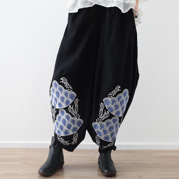 fall women cotton embroidery black pants elastic waist linen wide leg pants - Omychic