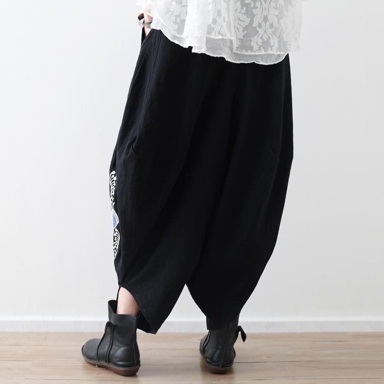 fall women cotton embroidery black pants elastic waist linen wide leg pants - Omychic