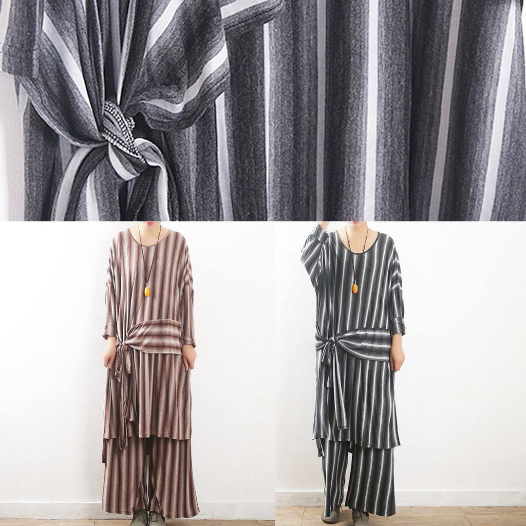 fall women cotton gray striped two pieces asymmetric tops and women pants - Omychic