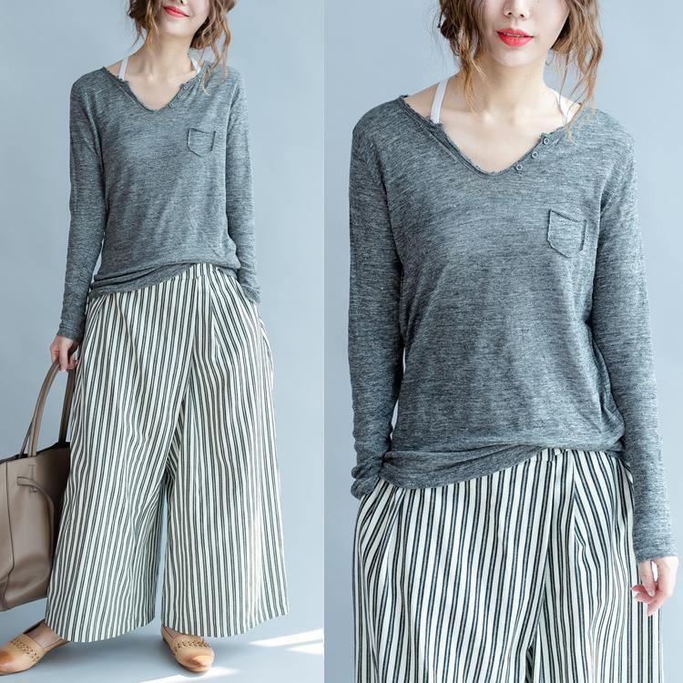 fall 2017 collar open gray linen knit tops casual loose long sleeve sweater - Omychic