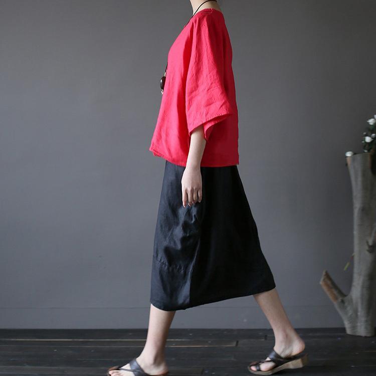 fall black linen casual skirts oversize stylish patchwork women mid skirts - Omychic