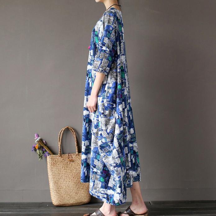 fall blue grid linen caftans lantern dresses oversize o neck casual maxi dress - Omychic