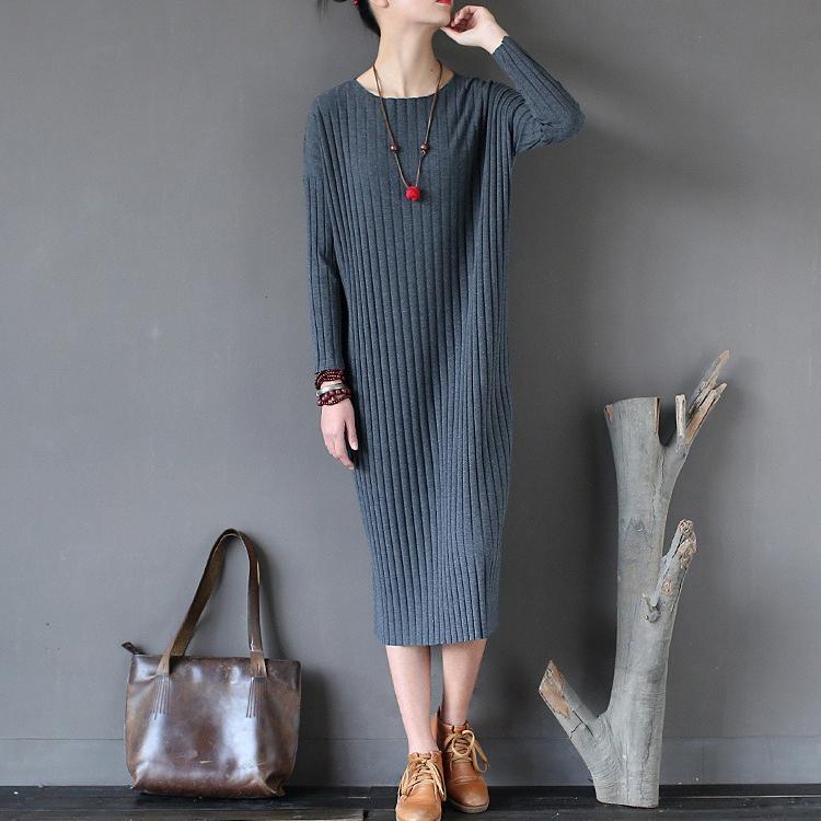 fall fashion 2017 gray casual striped cotton outfits slim o neck thick knitwear dress - Omychic