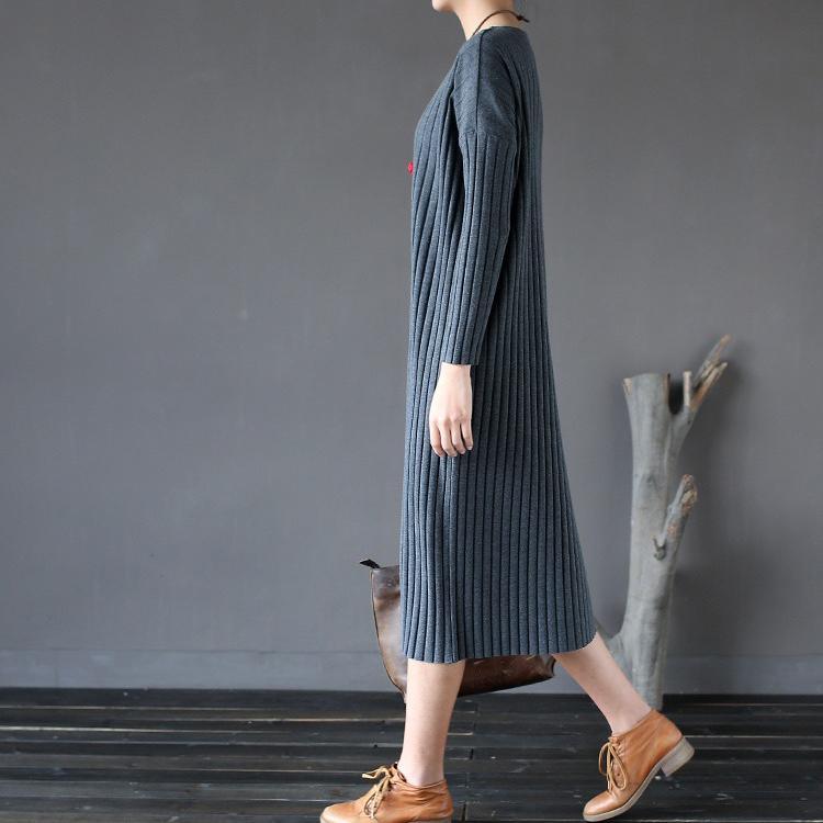fall fashion 2017 gray casual striped cotton outfits slim o neck thick knitwear dress - Omychic