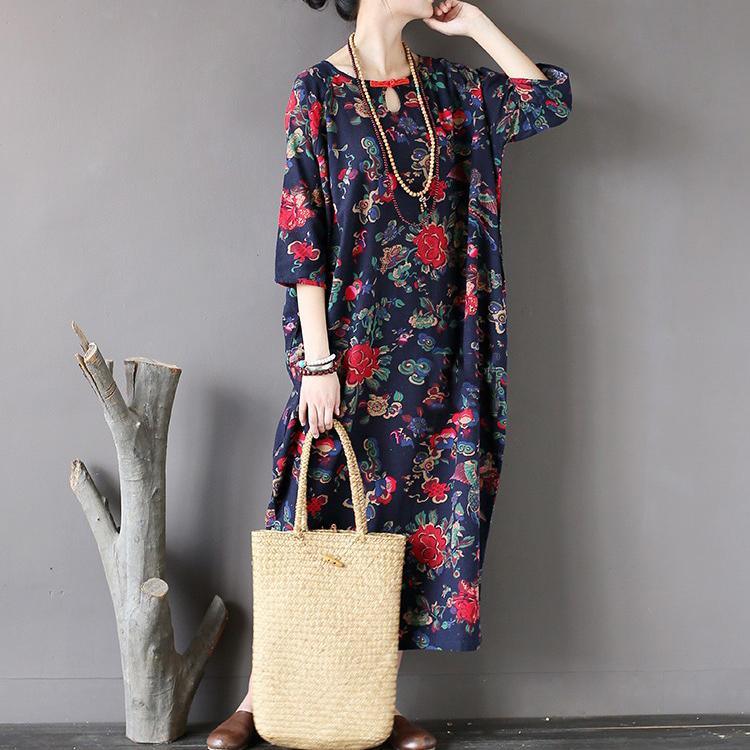fall navy floral casual cotton maxi dress oversize vintage o neck women dresses - Omychic