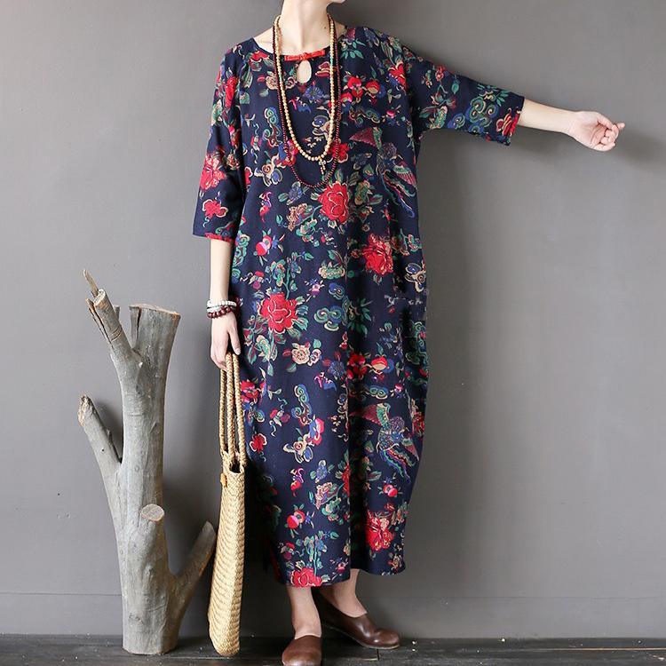 fall navy floral casual cotton maxi dress oversize vintage o neck women dresses - Omychic