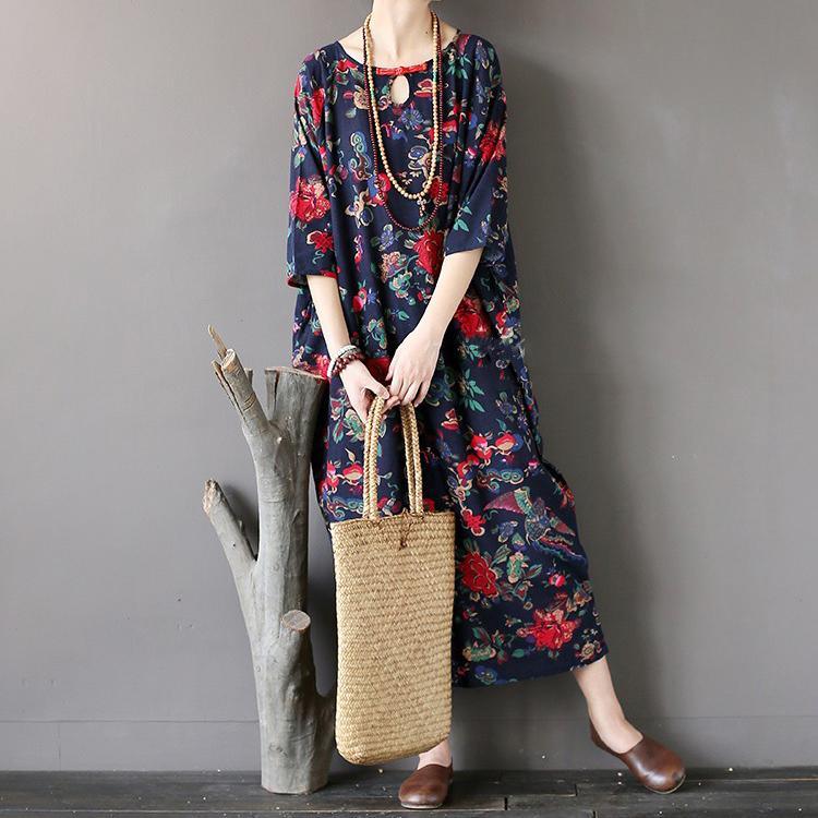 fall navy floral casual cotton maxi dress oversize vintage o neck women dresses - Omychic