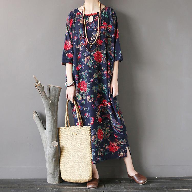 fall navy floral casual cotton maxi dress oversize vintage o neck women dresses - Omychic